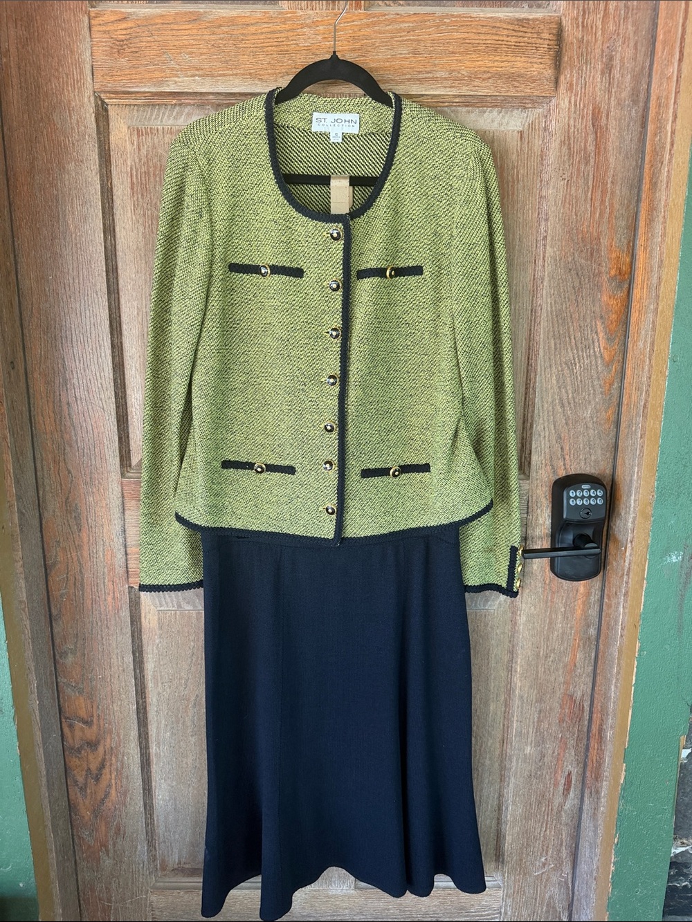 St. John Olive Green and Black Tweed Jacket with Black Skirt Set